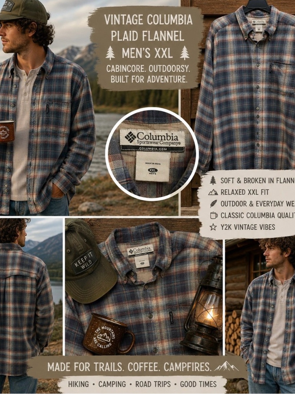 Vintage Columbia Shirt Men’s XXL Plaid Flannel Cabincore Outdoor Hiking Grunge